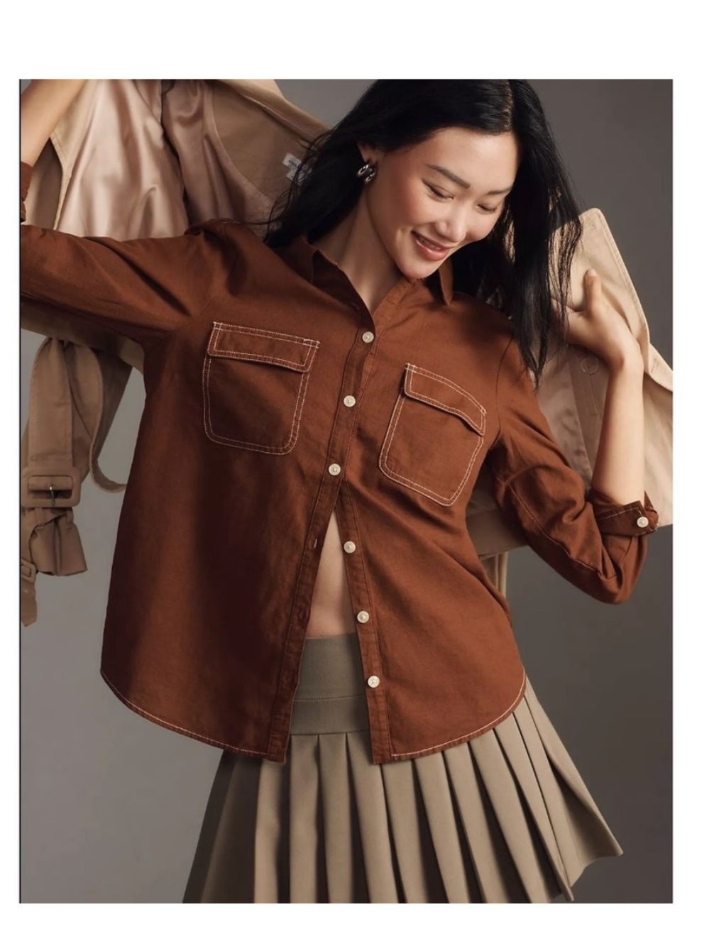 Maeve Contrast-Stitch Linen Cotton Blend Buttondown Shirt Brown size Small